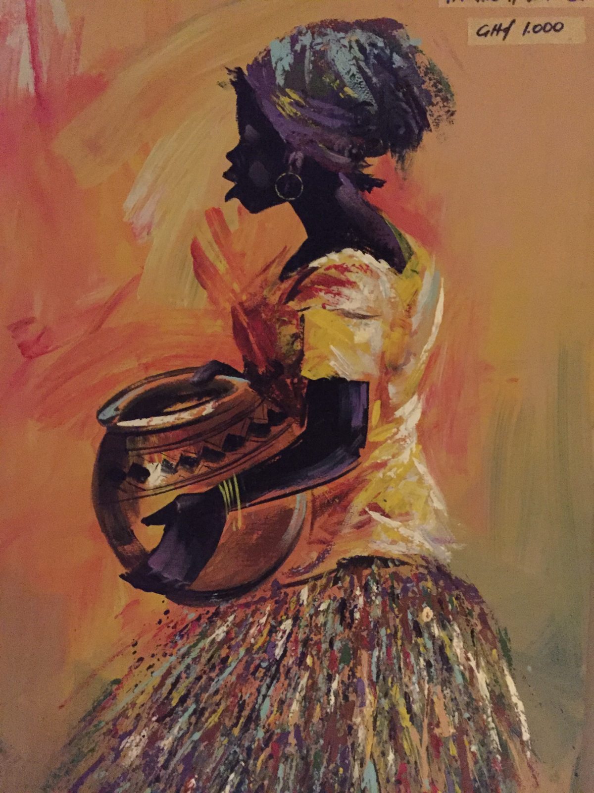 A painting of a woman carrying a pot, from a Ghanaian market