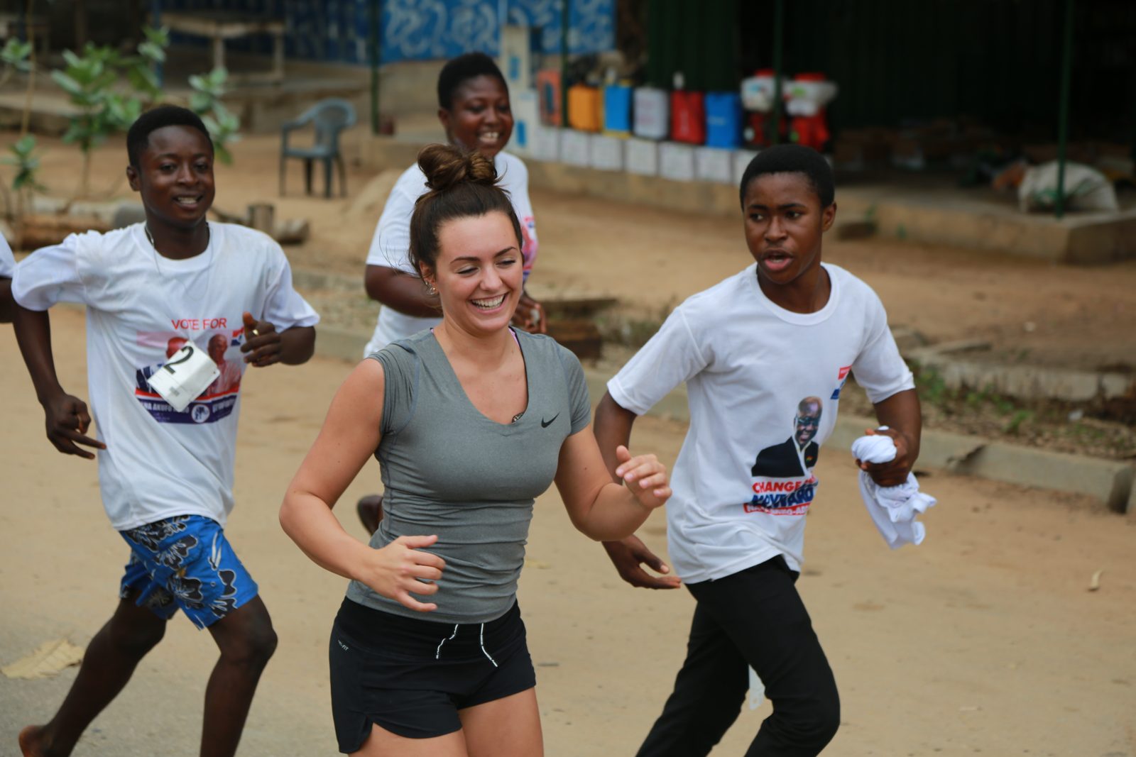 Three runners side by side on the course