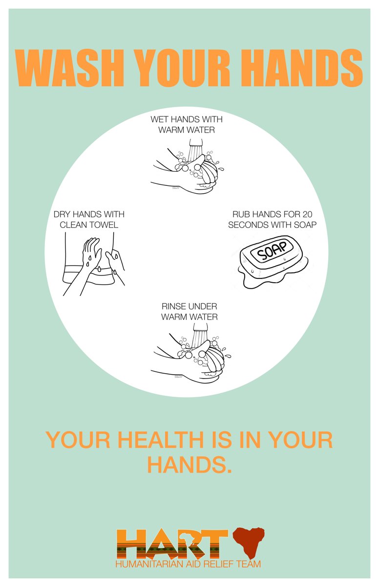 HART hand washing education card with step by step washing instructions
